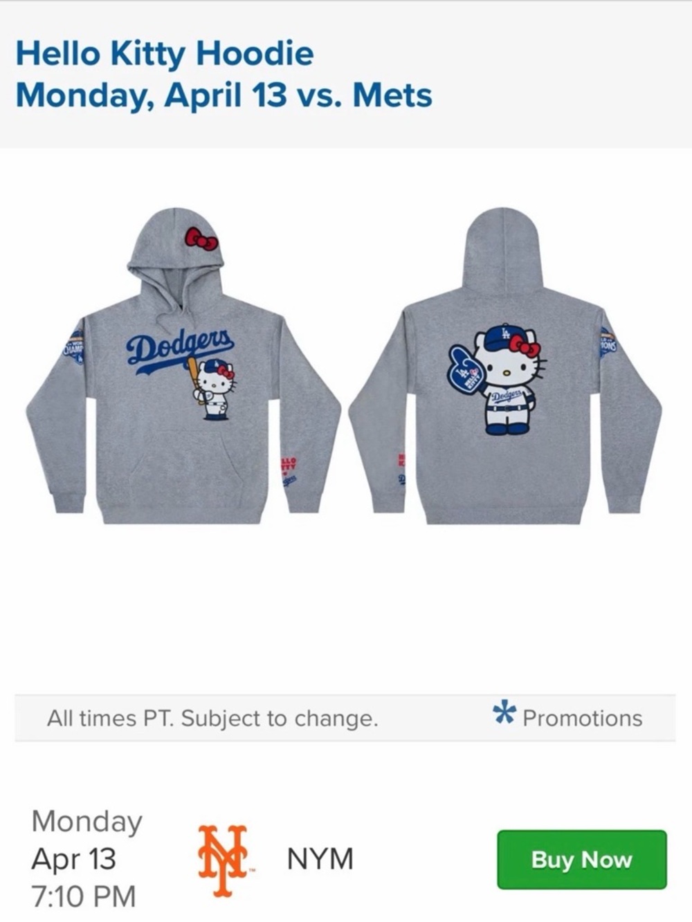 Dodgers Hello Kitty Night Gray Hoodie with Blue Dodgers Graphics and Red Bow XL